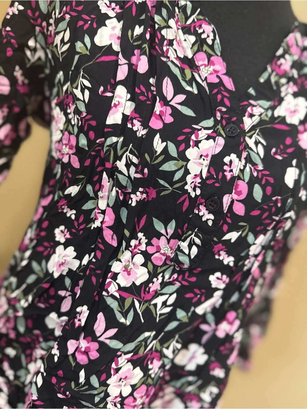 fun 2 fun Black Floral Button-Front Blouse with Pink and White Flowers